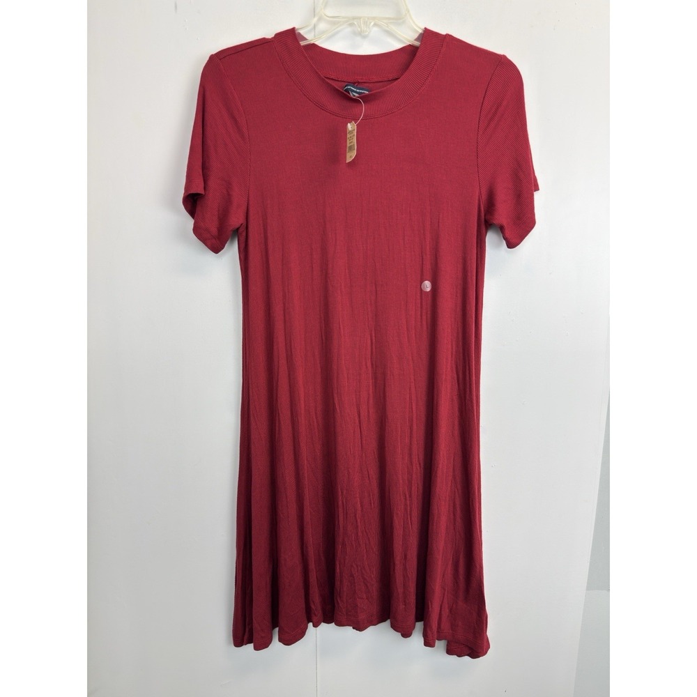 American Eagle‎ Juniors Size L T-Shirt Ribbed Knit Dress Burgundy Short Sleeve